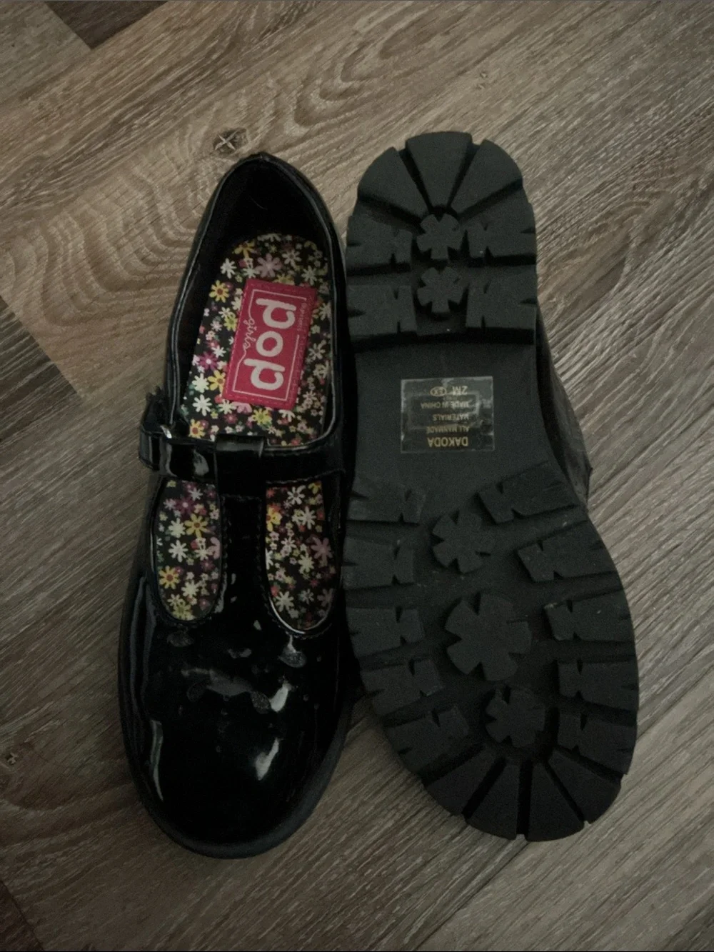 pop Black Patent T-Strap Girls Dress Shoes with Floral Insole